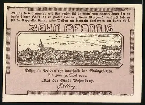 Notgeld Wesenberg 1922, 10 Pfennig, Ortspartie