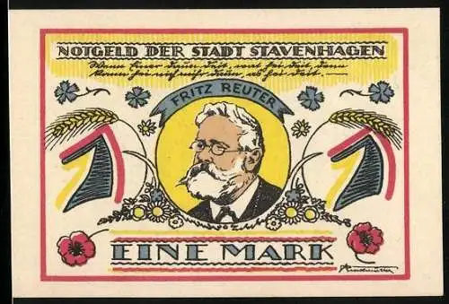 Notgeld Stavenhagen, 1 Mark, Fritz Reuter