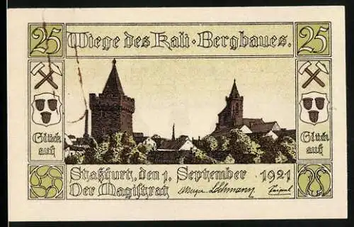 Notgeld Stassfurt 1921, 25 Pfennig, Ortspartie, Wappen