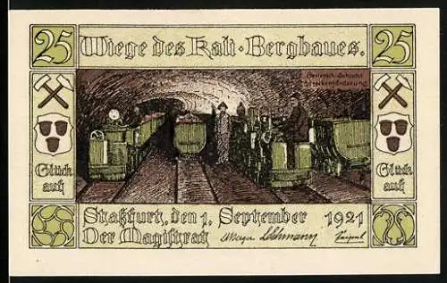Notgeld Stassfurt 1921, 25 Pfennig, Bergarbeiter im Schacht, Wappen