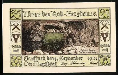 Notgeld Stassfurt 1921, 25 Pfennig, Bergarbeiter im Schacht, Wappen