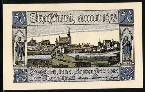 Notgeld Stassfurt 1921, 50 Pfennig, Teilansicht mit Kirche
