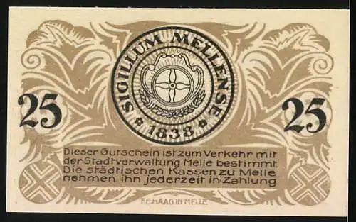 Notgeld Melle 1920, 25 Pfennig, Gebäudeansicht, Stadtsiegel