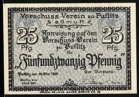 Notgeld Putlitz 1918, 25 Pfennig, Vorschuss Verein