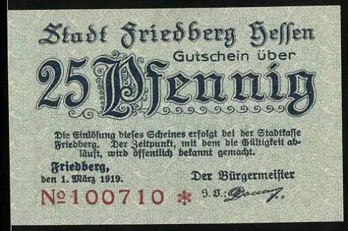 Notgeld Friedberg /Hessen 1919, 25 Pfennig, Brücke zum Burgtor mit Turm