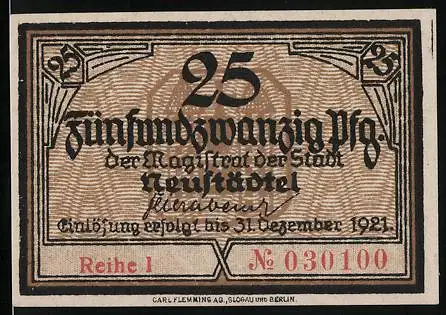 Notgeld Neustädtel 1921, 25 Pfennig, Stadtwappen