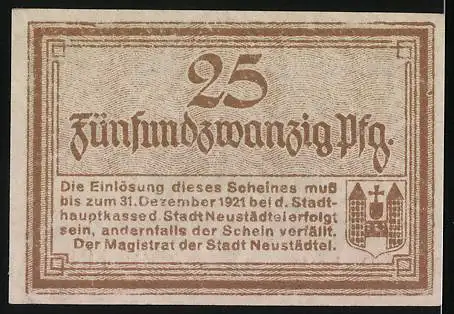 Notgeld Neustädtel 1921, 25 Pfennig, Stadtwappen