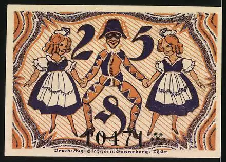 Notgeld Sonneberg 1921, 25 Pfennig, Harlekin mit zwei Frauen