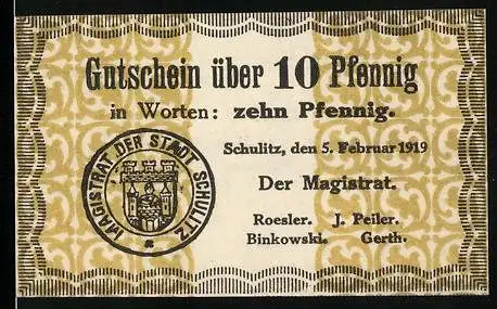 Notgeld Schulitz 1919, 10 Pfennig, Stadtwappen