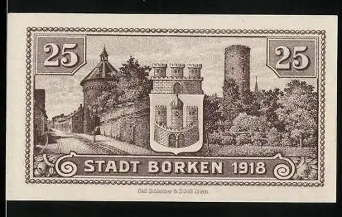 Notgeld Borken 1918, 25 Pfennig, Strassenpartie mit Burg, Wappen