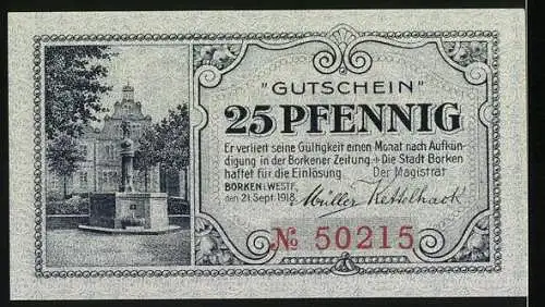 Notgeld Borken 1918, 25 Pfennig, Strassenpartie mit Burg, Wappen