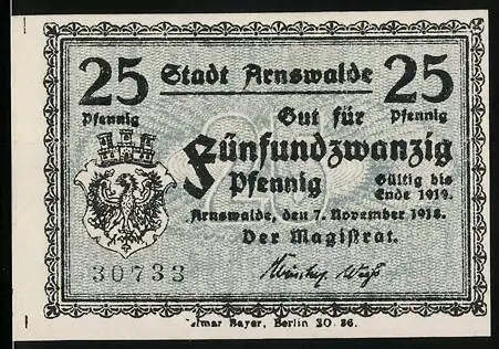 Notgeld Arnswalde 1919, 25 Pfennig, Stadtwappen