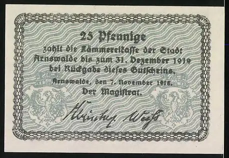Notgeld Arnswalde 1919, 25 Pfennig, Stadtwappen