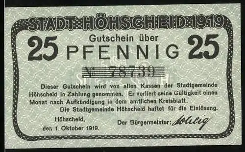 Notgeld Höhscheid 1919, 25 Pfennig, Gutschein