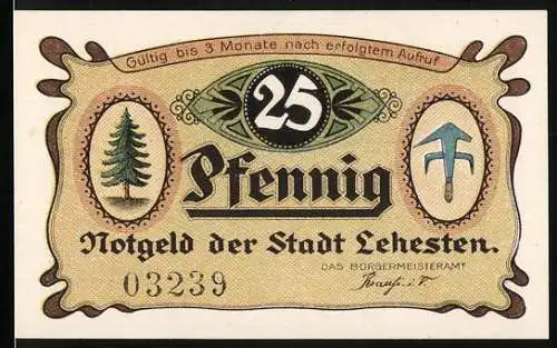 Notgeld Lehesten, 25 Pfennig, Tannenbaum, Mädchen an der Tafel