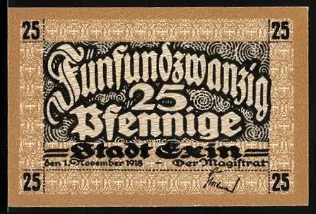 Notgeld Exin 1918, 25 Pfennig, Teilansicht mit Wappen