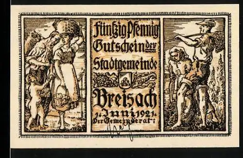 Notgeld Breisach 1921, 50 Pfennig, Schloss, Bauern mit Ernte