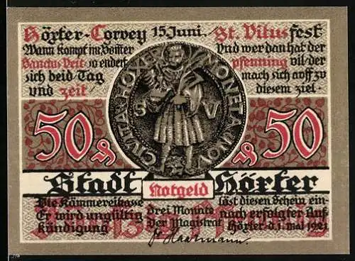 Notgeld Höxter 1921, 50 Pfennig, St. Veit auf Münze