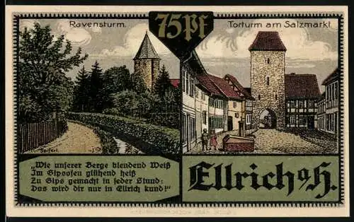 Notgeld Ellrich a. H. 1921, 75 Pfennig, Tor am Salzmarkt, Ravensturm