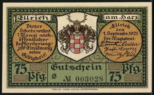 Notgeld Ellrich a. H. 1921, 75 Pfennig, Tor am Salzmarkt, Ravensturm