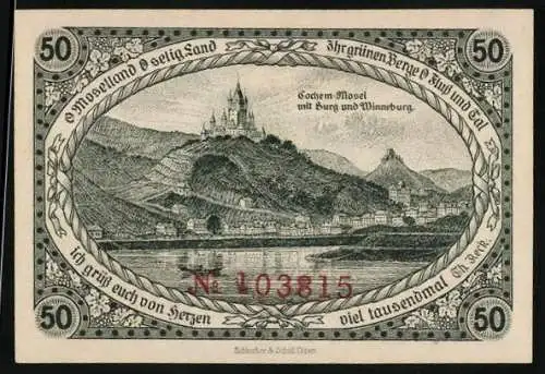 Notgeld Cochem /Mosel 1921, 50 Pfennig, Teilansicht mit Burg und Winneburg