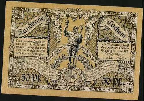 Notgeld Cochem /Mosel 1921, 50 Pfennig, Teilansicht mit Burg und Winneburg