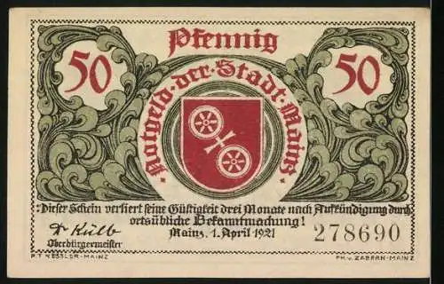Notgeld Mainz 1921, 50 Pfennig, Adlerfibel, Wappen