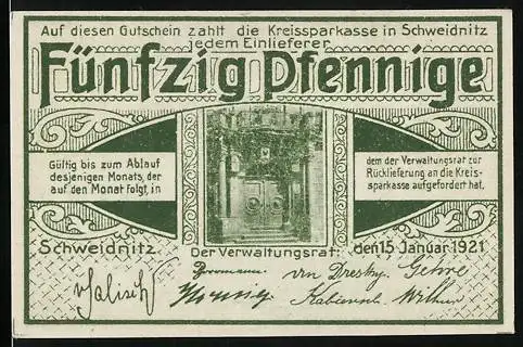 Notgeld Schweidnitz 1921, 50 Pfennig, Eingangstor
