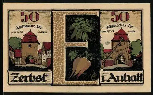 Notgeld Zerbst i. Anhalt 1921, 50 Pfennig, Akensches Tor um 1750 innen und aussen