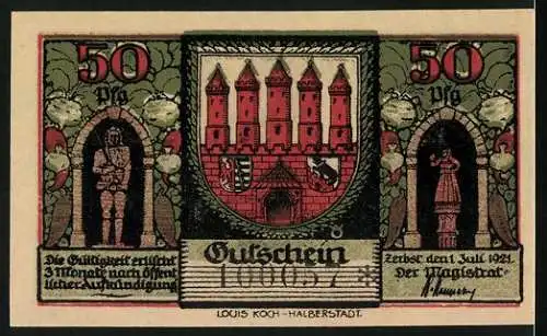 Notgeld Zerbst i. Anhalt 1921, 50 Pfennig, Akensches Tor um 1750 innen und aussen