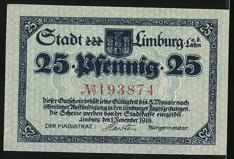 Notgeld Limburg a. d. Lahn 1918, 25 Pfennig, Krieger erlegt einen Drachen