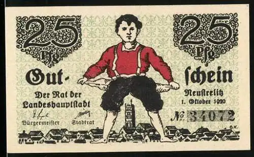 Notgeld Neustrelitz 1920, 25 Pfennig, Mann mit leeren Hosentaschen