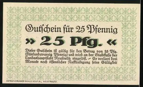 Notgeld Neustrelitz 1920, 25 Pfennig, Mann mit leeren Hosentaschen