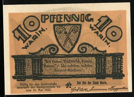 Notgeld Warin 1922, 10 Pfennig, Stadtwappen