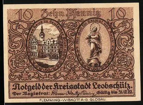 Notgeld Leobschütz 1922, 10 Pfennig, Deutsches Haus, Heiligenbild