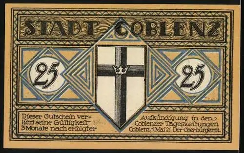 Notgeld Coblenz 1921, 25 Pfennig, Balduinbrücke und Wappen