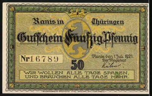 Notgeld Ranis i. Th. 1921, 50 Pfennig, Blick zur Burg, Wappen