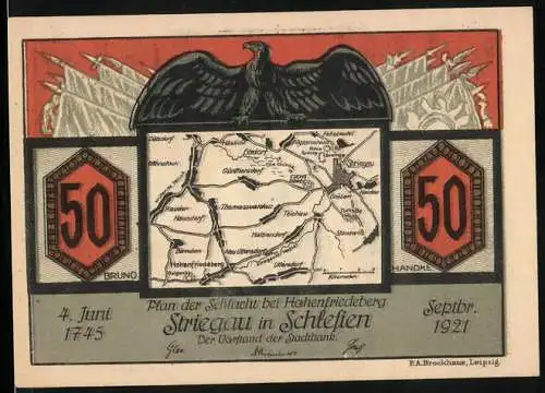 Notgeld Striegau in Schlesien 1921, 50 Pfennig, Landkarte mit Teichau, Halbendorf und Eisdorf, Adler mit Flaggen