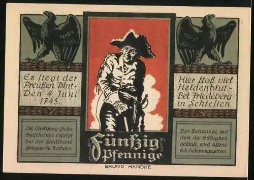 Notgeld Striegau in Schlesien 1921, 50 Pfennig, Landkarte mit Teichau, Halbendorf und Eisdorf, Adler mit Flaggen