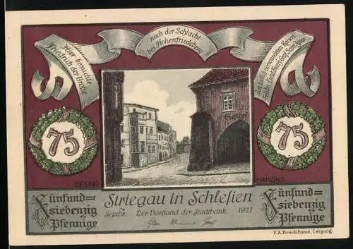 Notgeld Striegau 1921, 75 Pfennig, Gasthof mit Strassenpartie