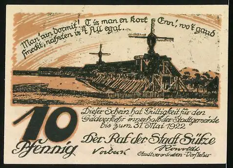 Notgeld Sülze 1922, 10 Pfennig, Windmühle und Gasthaus