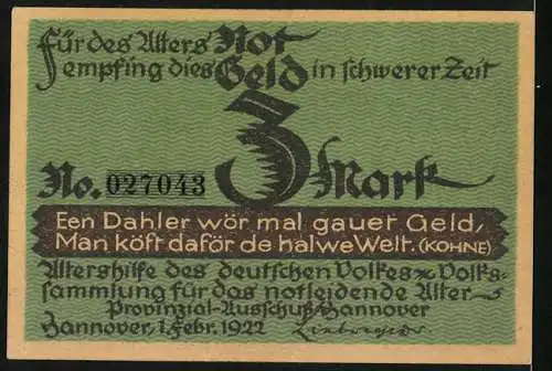 Notgeld Hannover 1922, 3 Mark, Heinrich Sohnreis