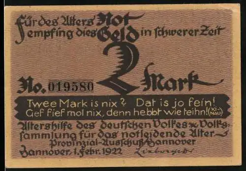 Notgeld Hannover 1922, 2 Mark, Lulu von Strauss und Torneis