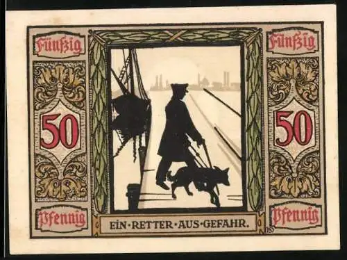 Notgeld Oldenburg 1921, 50 Pfennig, Führhund für Kriegsblinde, Ein Retter aus Gefahr