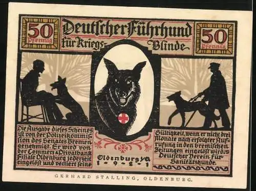 Notgeld Oldenburg 1921, 50 Pfennig, Führhund für Kriegsblinde, Ein Retter aus Gefahr