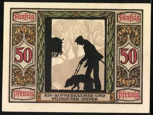Notgeld Oldenburg 1921, 50 Pfennig, Führhund für Kriegsblinde, Ein aufmerksamer und hilfreicher Diener