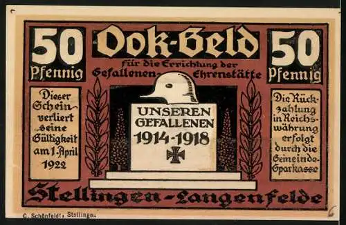Notgeld Stellingen-Langenfeld 1922, 50 Pfennig, Gefallenen-Ehrenstätte, Platz mit Denkmal