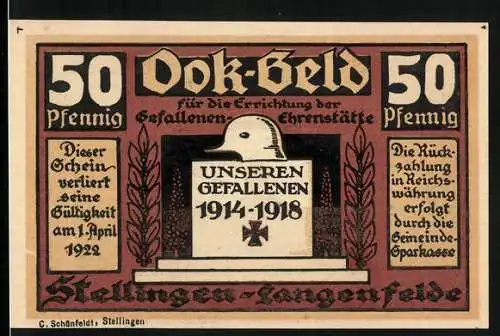 Notgeld Stellingen-Langenfeld 1922, 50 Pfennig, Gefallenen-Ehrenstätte, Platz mit Denkmal