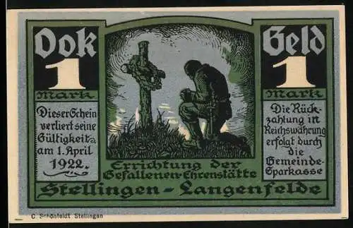 Notgeld Stellingen-Langenfeld 1922, 1 Mark, Soldat kniet vor Kreuz, Platz mit Denkmal