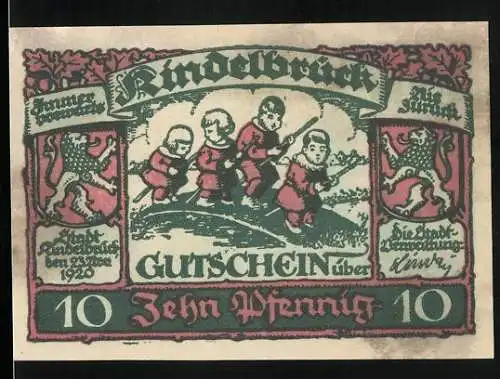 Notgeld Kindelbrück 1920, 10 Pfennig, Kinder auf Brücke, Wappen